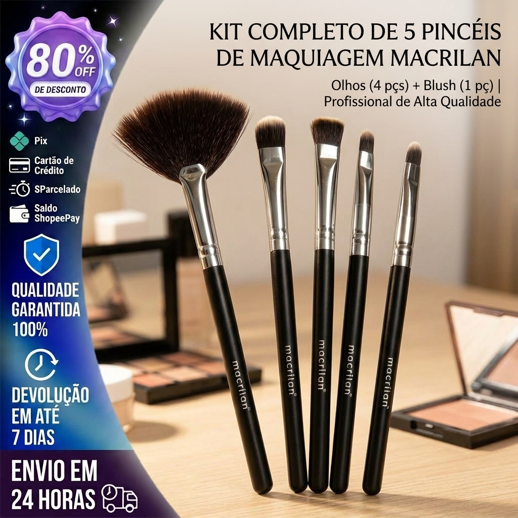 Kit 5 Pincéis de Maquiagem Completo–Olhos (4pcs) + Blush (1pc) Profissional Alta Qualidade