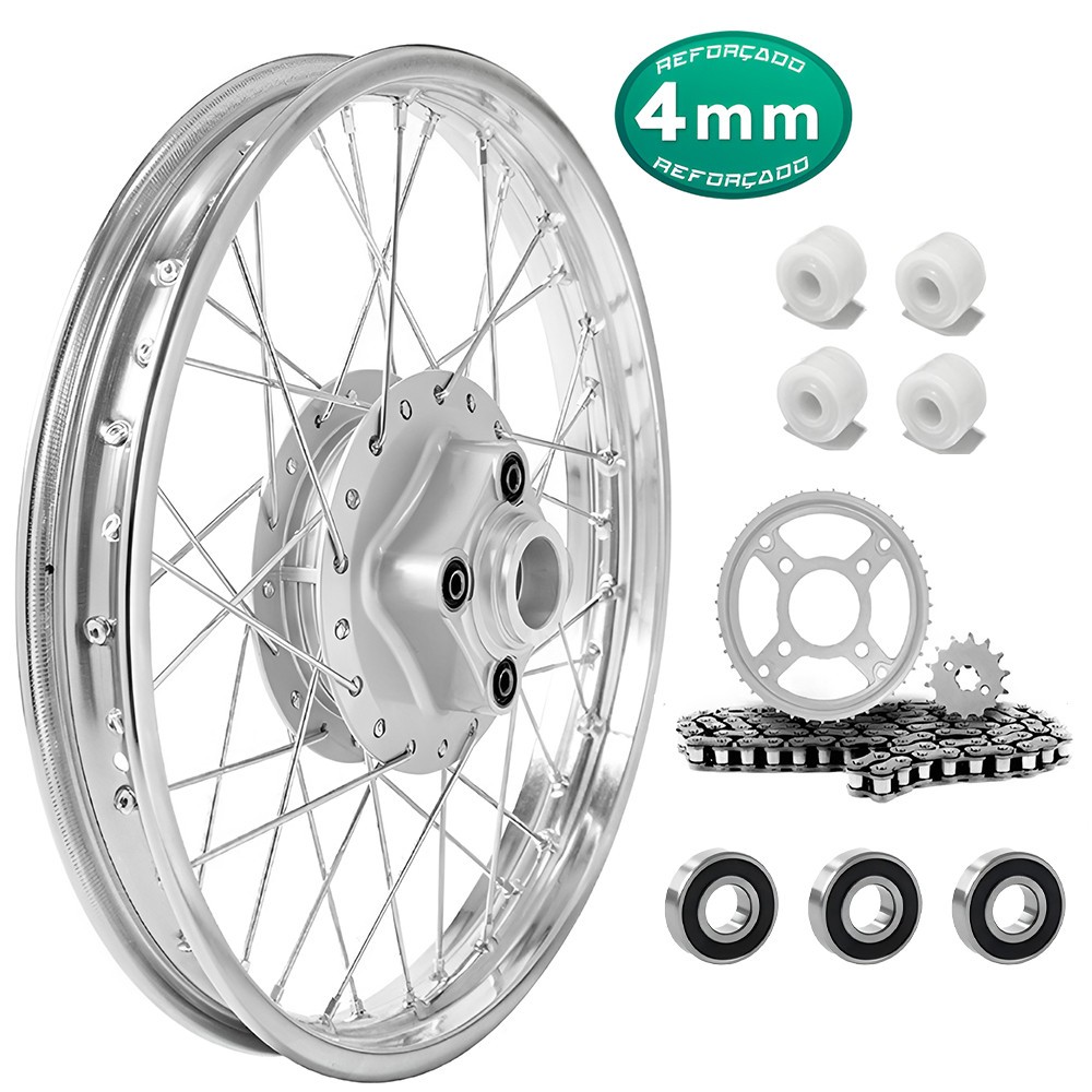 Roda Traseira Pro Tork Titan 125 00/04 Fan 125 05/08 Raio 4mm Cromado + Kit Relação Bucha Rolamentos