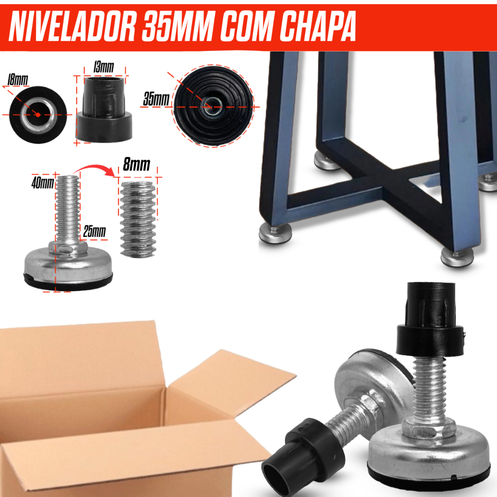 KIT 10 Pé com Regulagem de Altura 35mm Preto + Bucha Americana de Nivelamento Fácil Instalar