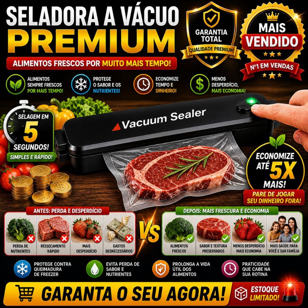Seladora a Vácuo 110V Vacuum Sealer Automática | Conserva Alimentos Mais Tempo | 1 Só Toque Anti-Desperdício Portátil