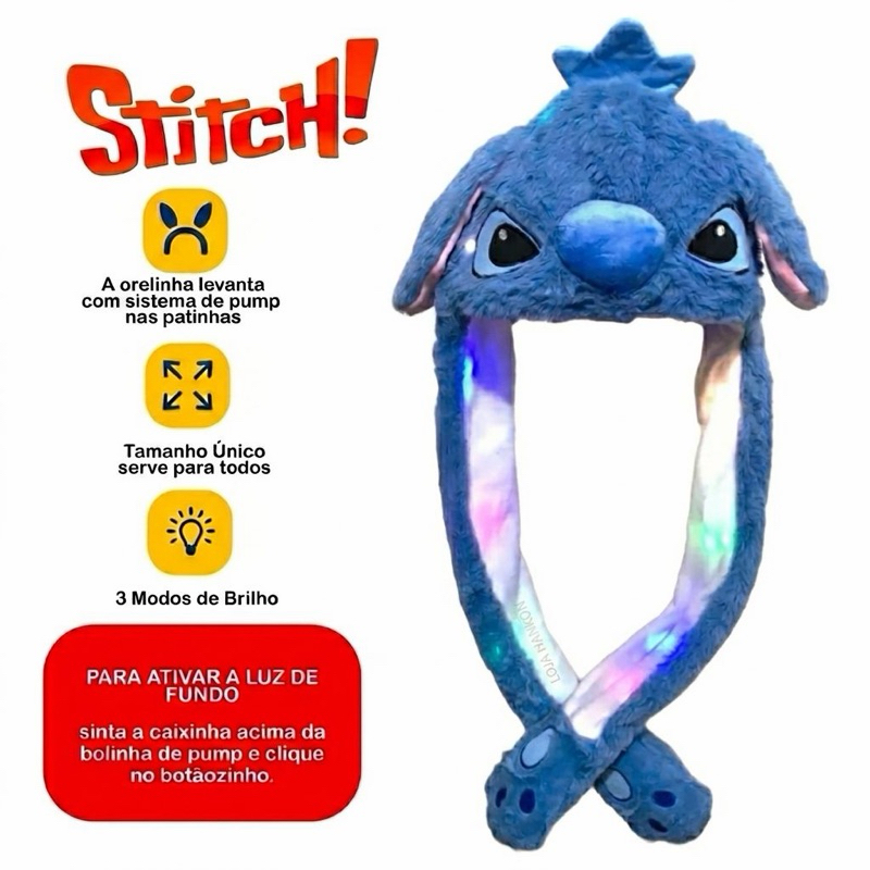 Touca Stitch com Led Levanta as Orelhas Pelúcia Gorro Infantil Criança