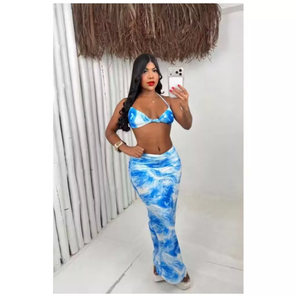 Conjunto Mirela Mesclado conjunto feminino cropped saia longa midi drapeada efeito empina bumbum cintura alta estampa — imagem 1