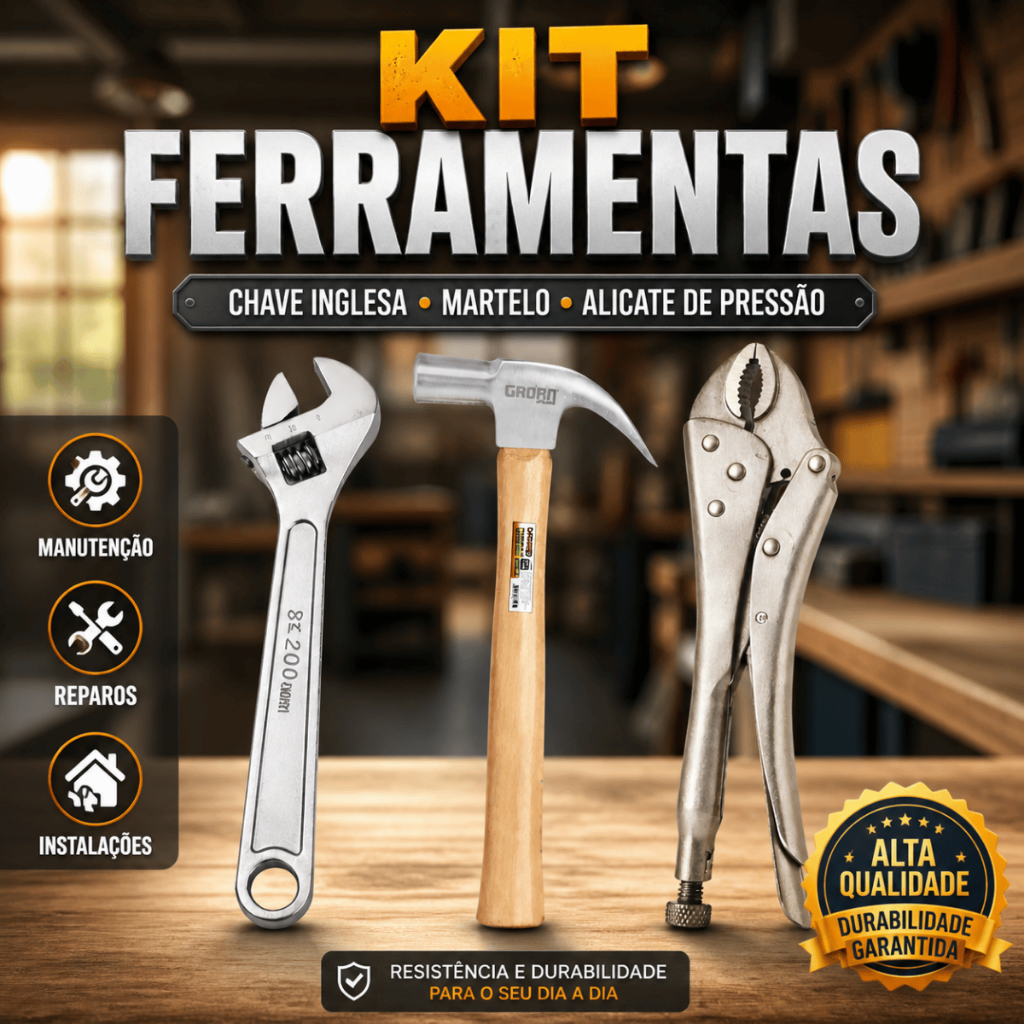 Kit Chave Inglesa 8'' Martelo Unha Alicate de Pressão Ferramenta Aço Alta Durabilidade Resistente