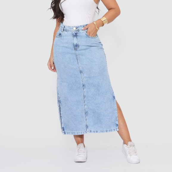 Saia Jeans Feminina Cintura Alta Fenda Lateral 4 Bolsos Tecido Grosso Não Desbota 100% Algodão