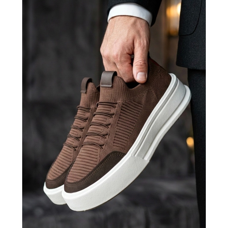 Tênis Masculino Sapatênis Meia Knit Cadarço de Elástico Couro Sintético Tecido Sapato Esporte Fino Casual