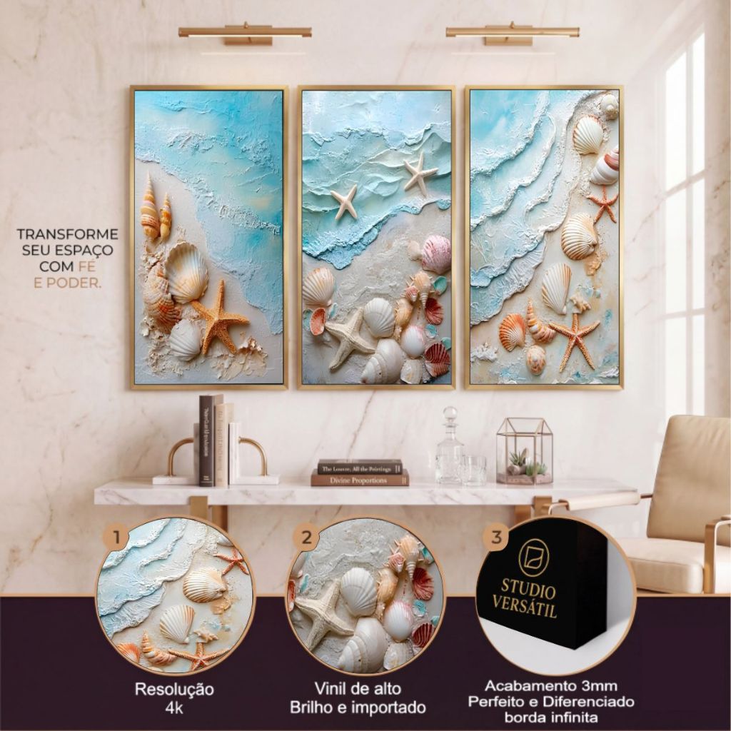 Kit 3 Quadro Decorativo Sala Quarto Praia Conchas Mar Paisagem  Moderno