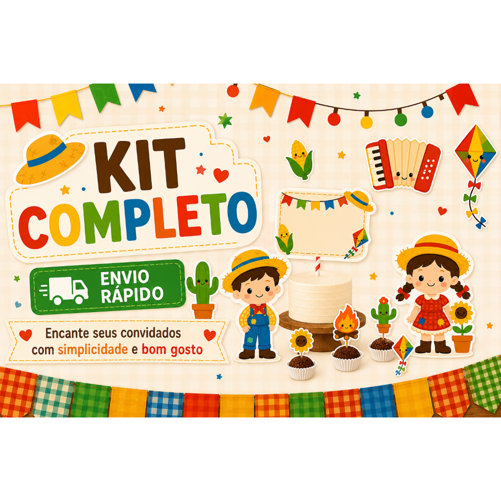 Kit festa completa Festa Junina/Kit só um bolinho personalizado:Topo/topper de bolo e doces, displays mesa e paredee