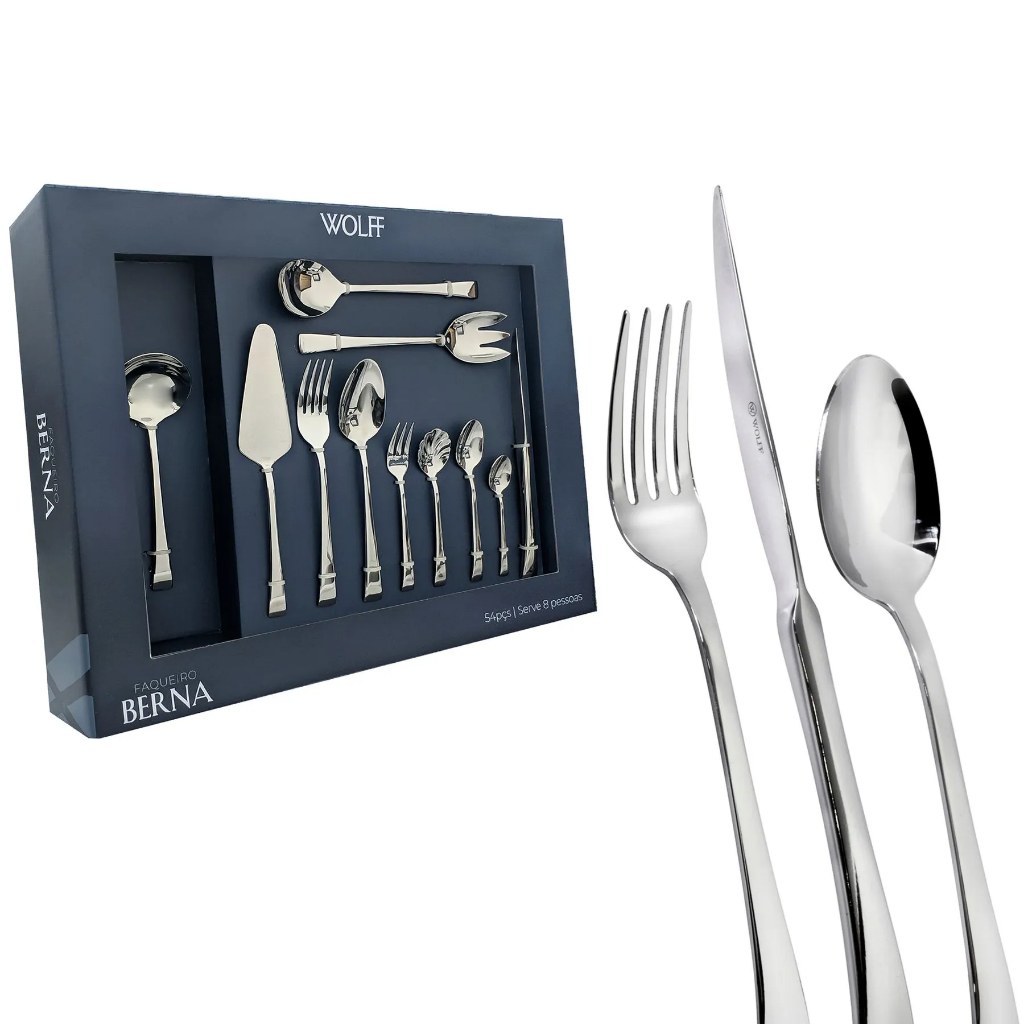 Faqueiro 54 Peças em Inox Linha Berna Prata Serve 8 Pessoas Wolff Premium Presente de Casamento