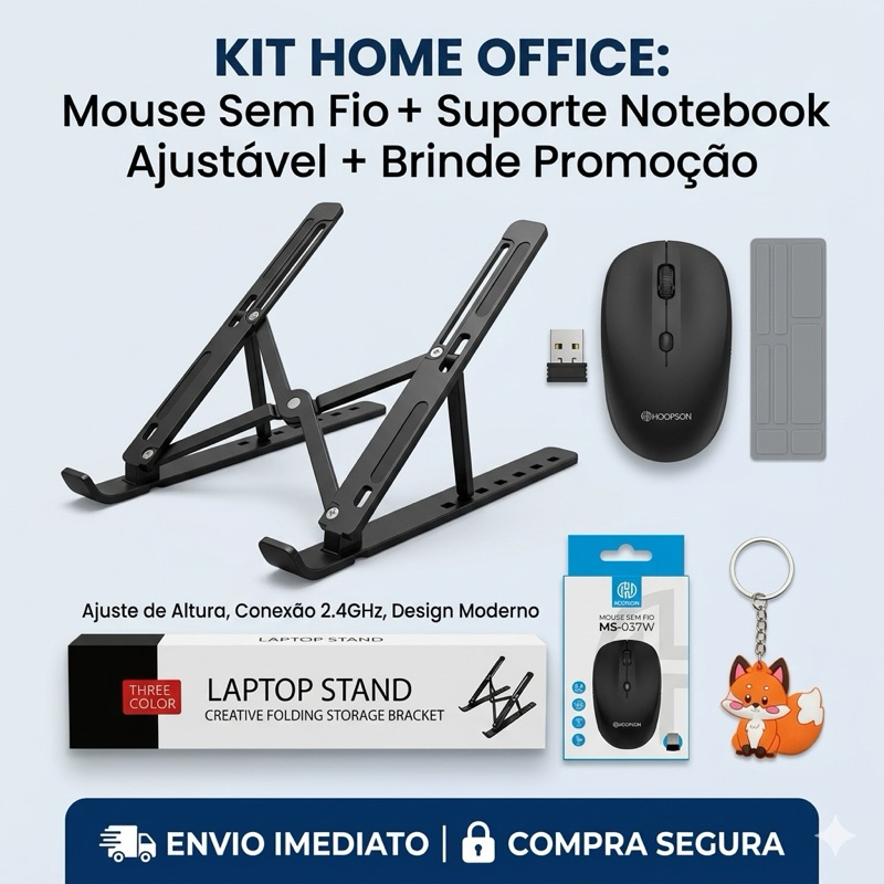Suporte Notebook Ajustável + Mouse Sem Fio Kit Home Office Ergonômico