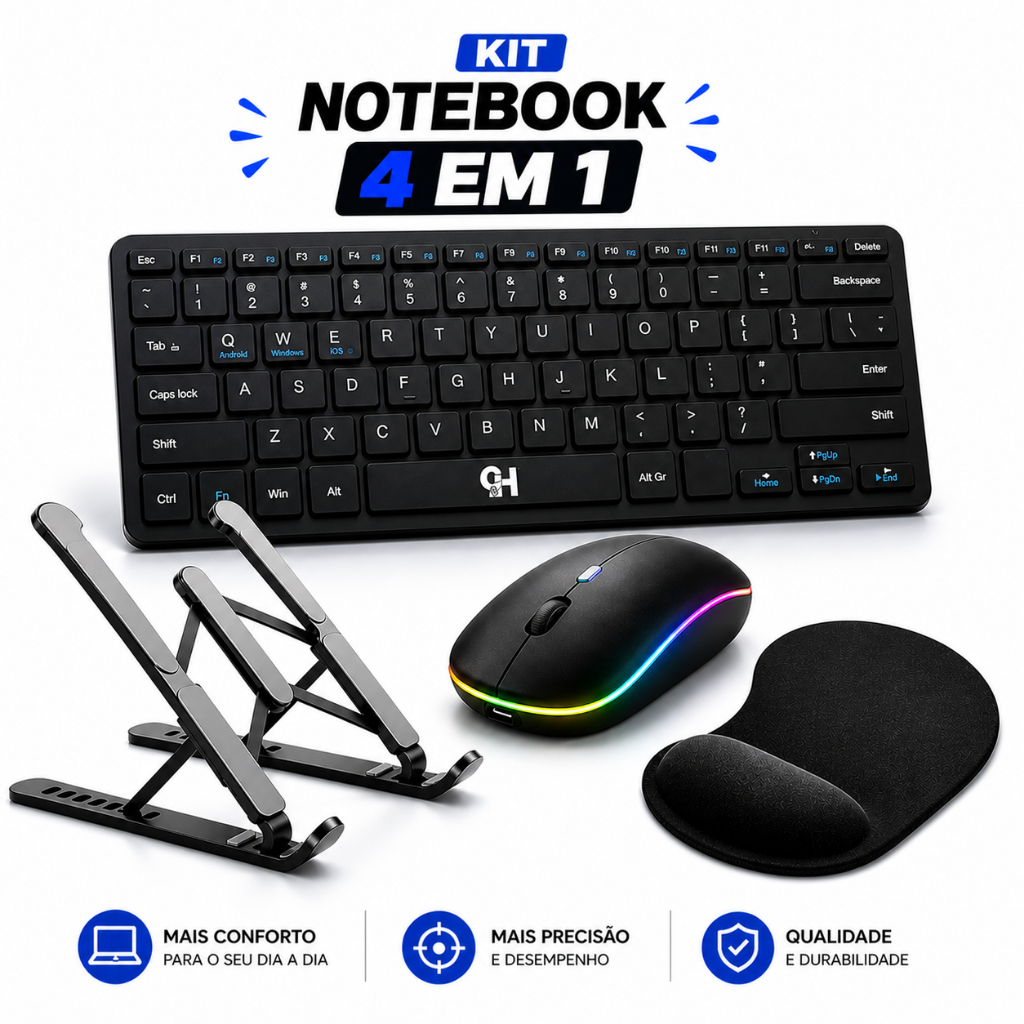 Kit Teclado Sem Fio + Mouse Sem Fio + Suporte Notebook + Mouse Pad