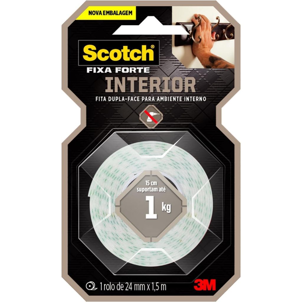 Fita Dupla Face 3M Scotch Fixa Forte Fixação Interior – 24 mm x 1,5 m | Suporta até 1 Kg