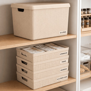 Kit Caixa Organizadora com Tampa 22 Litros+ 4 Cesto Organizador 5,2 Litros em Plástico Multiuso