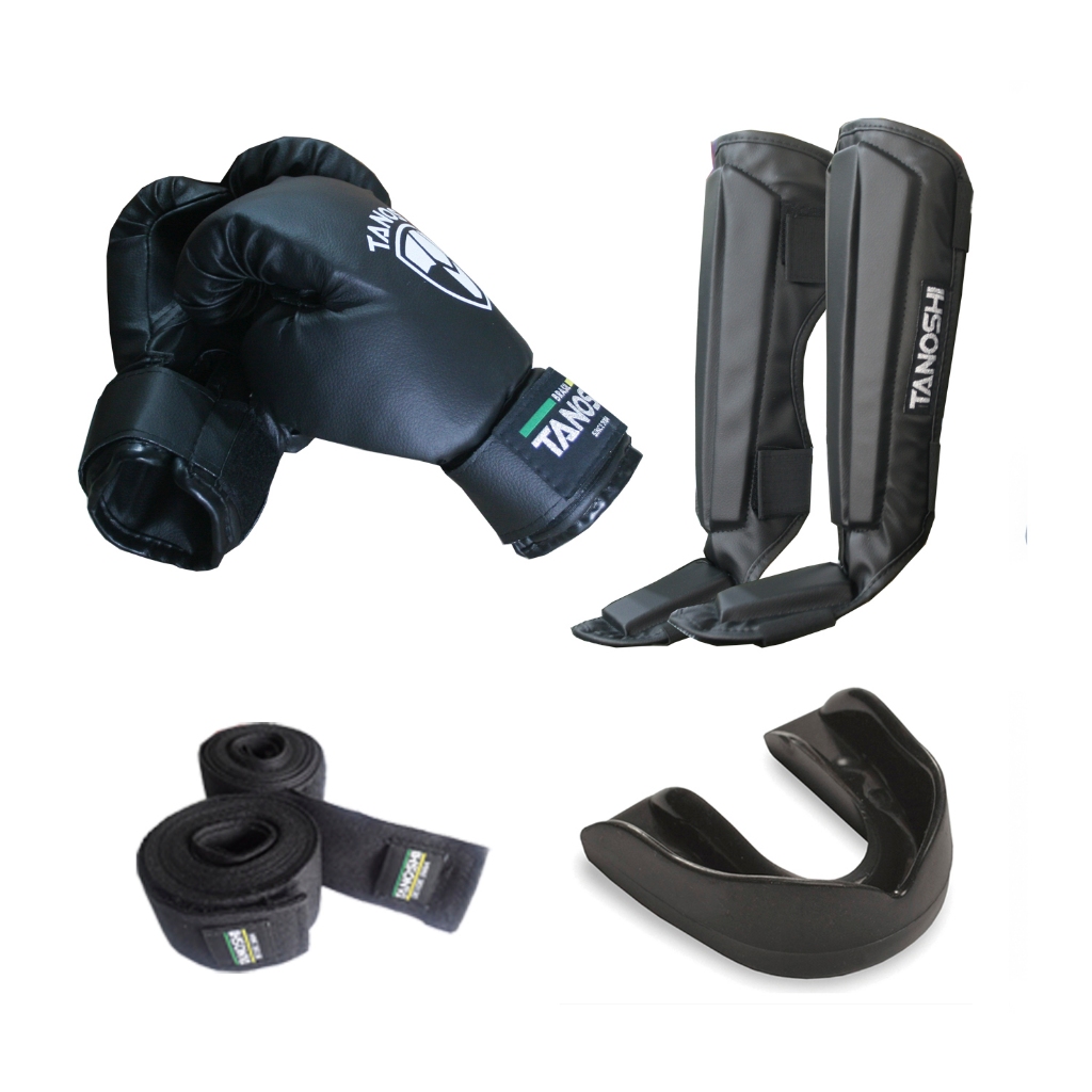 Kit Básico luta Infantil Luva Boxe, Caneleira, Bandagem, Bucal para Muaythai Sanda Kickboxing