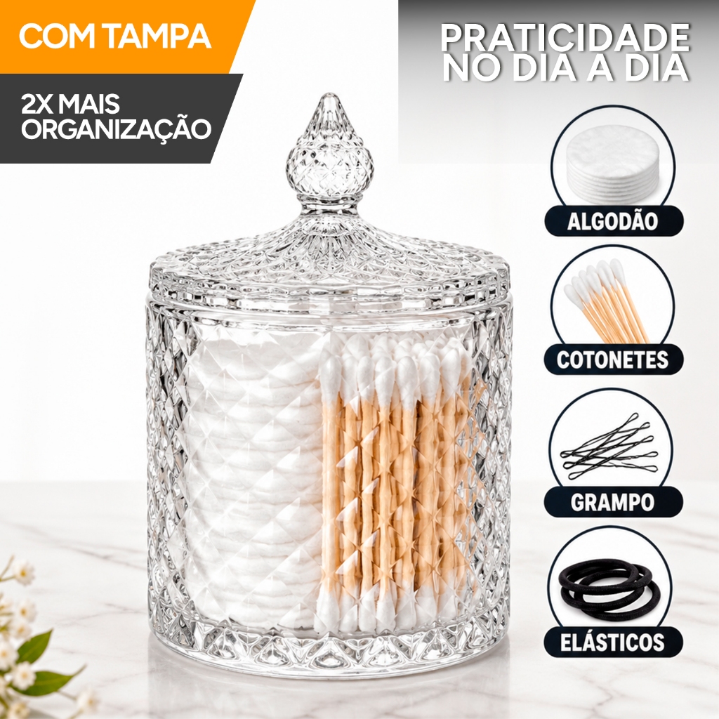 Porta Cotonetes e Algodão Organizador com Tampa Multiuso Universal Prático