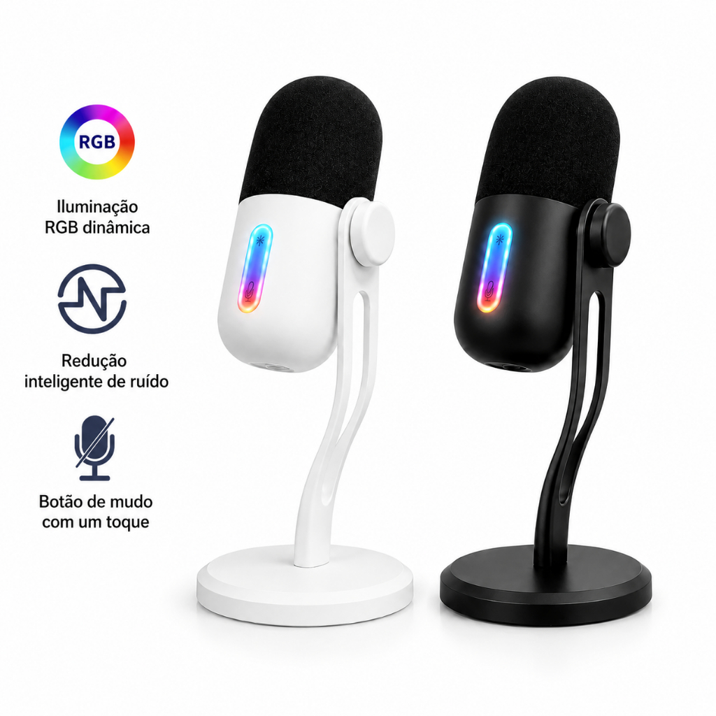 Microfone USB Condensador Gamer Cardioide RGB Plug Play Saída Fone P2 para Streaming PC e Notebook