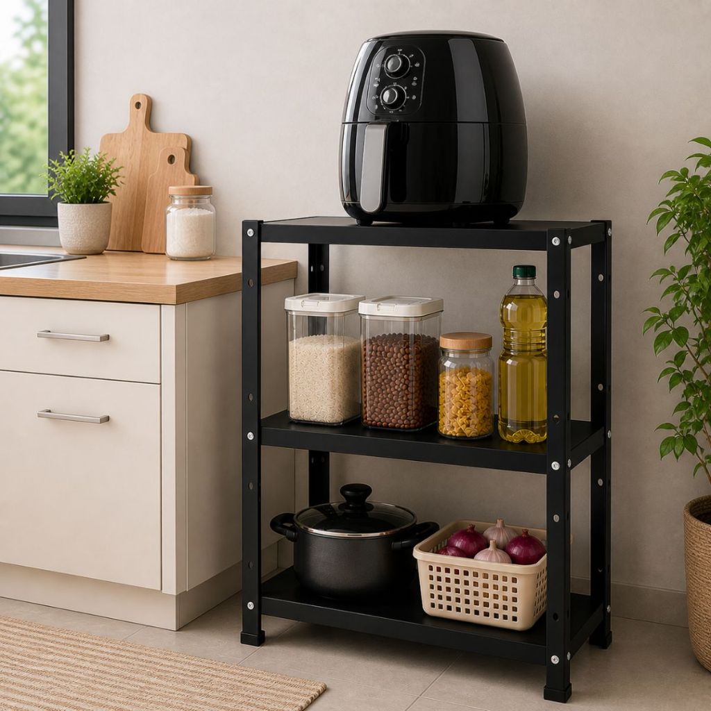Suporte para Air Fryer Estante de Ferro 3 Prateleiras Organizador Cozinha Multiuso Industrial Preta