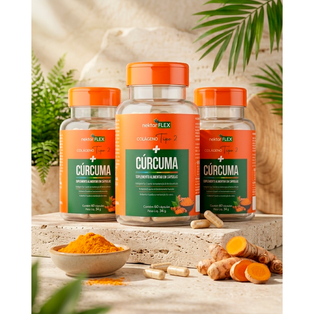 Cúrcuma 100% Pura Com Colágeno Tipo 2 Para Dor Articular 3 Potes 180 Cápsulas Nektar Flex