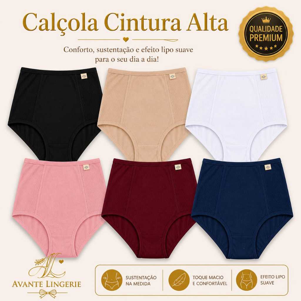 Kit Calcinhas Cintura Alta Feminina Calçola Senhora Hot Pants Básica Plus Size Modeladora Pós-Parto  - Kit 3, 5 ou 10