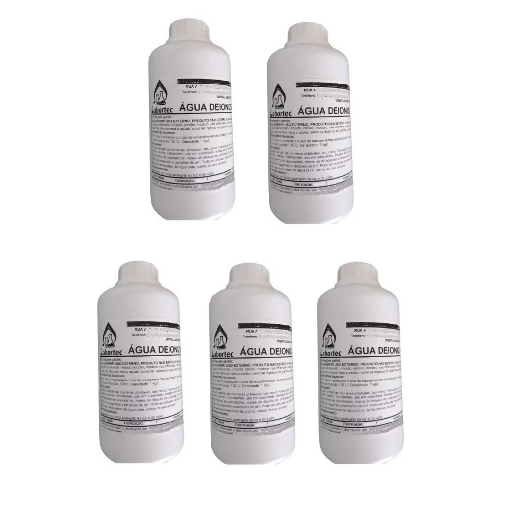 Água Deionizada - Kit Com 5 Litros (embalagem de 1 L) Alta Pureza - Condutividade: < 5 µS/cm2