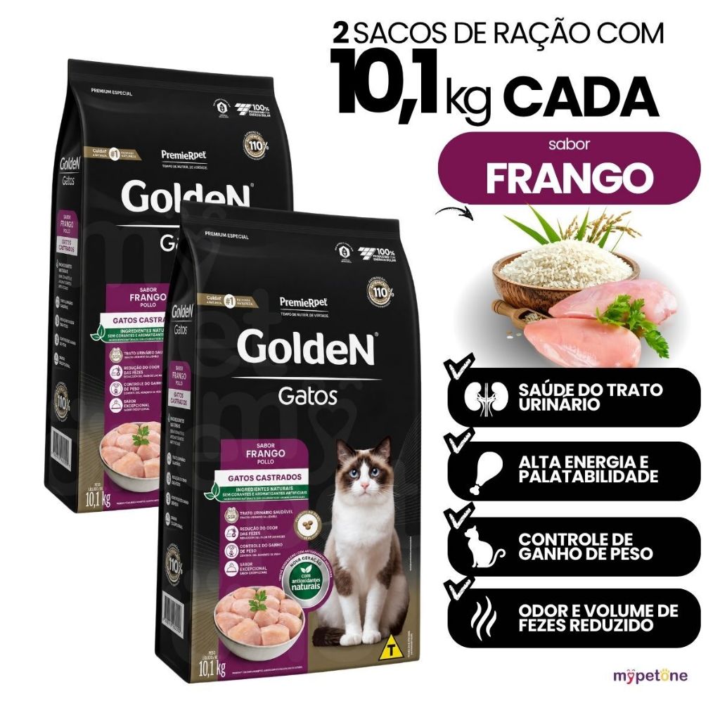 Kit com 2 Ração Golden Fórmula Gatos Castrados Sabor Frango 10,1kg