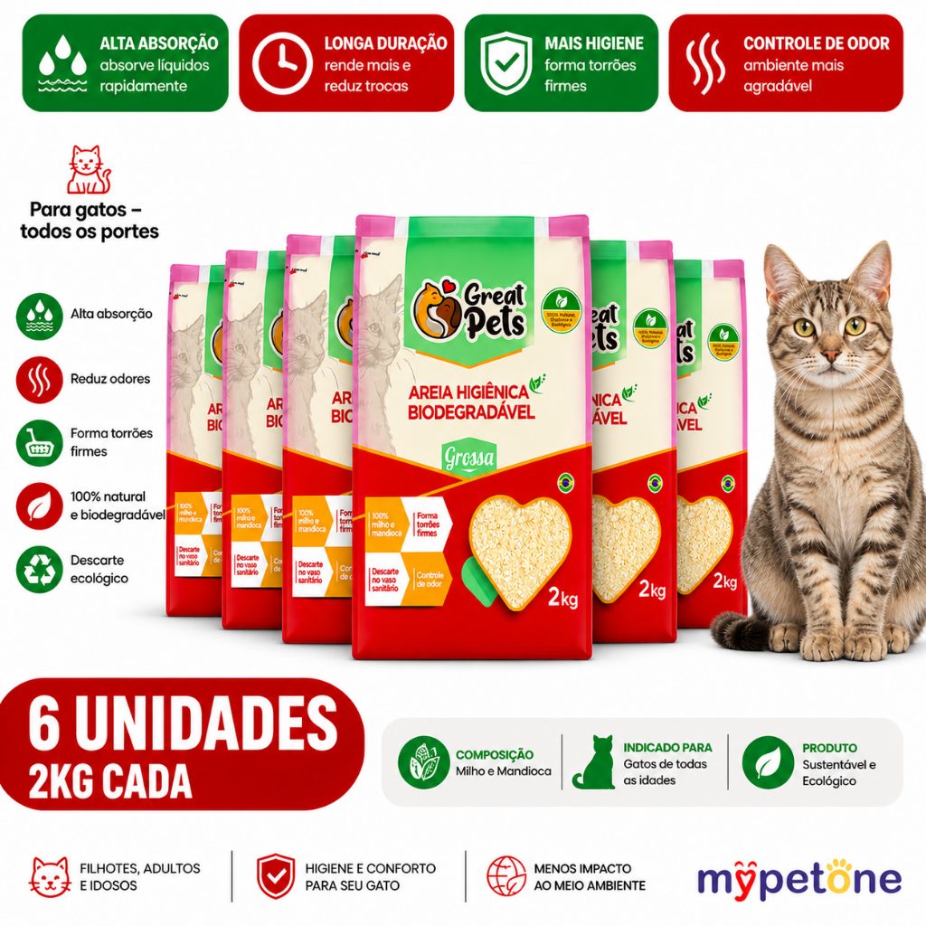 Kit 6 Areia Biodegradável Grossa Great Pets para Gatos - 2 Kg
