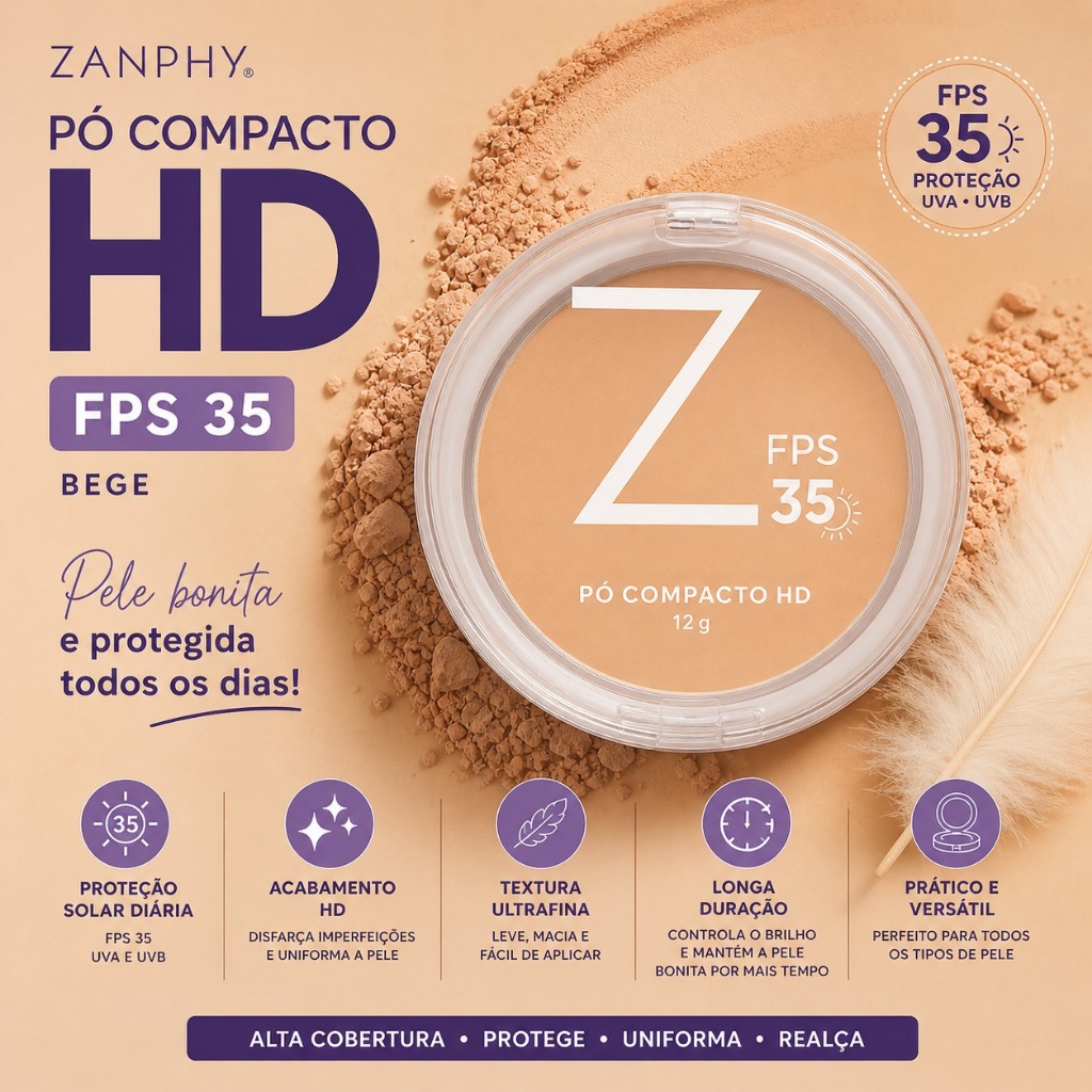 Pó Compacto Zanphy com Protetor Solar Facial FPS 35