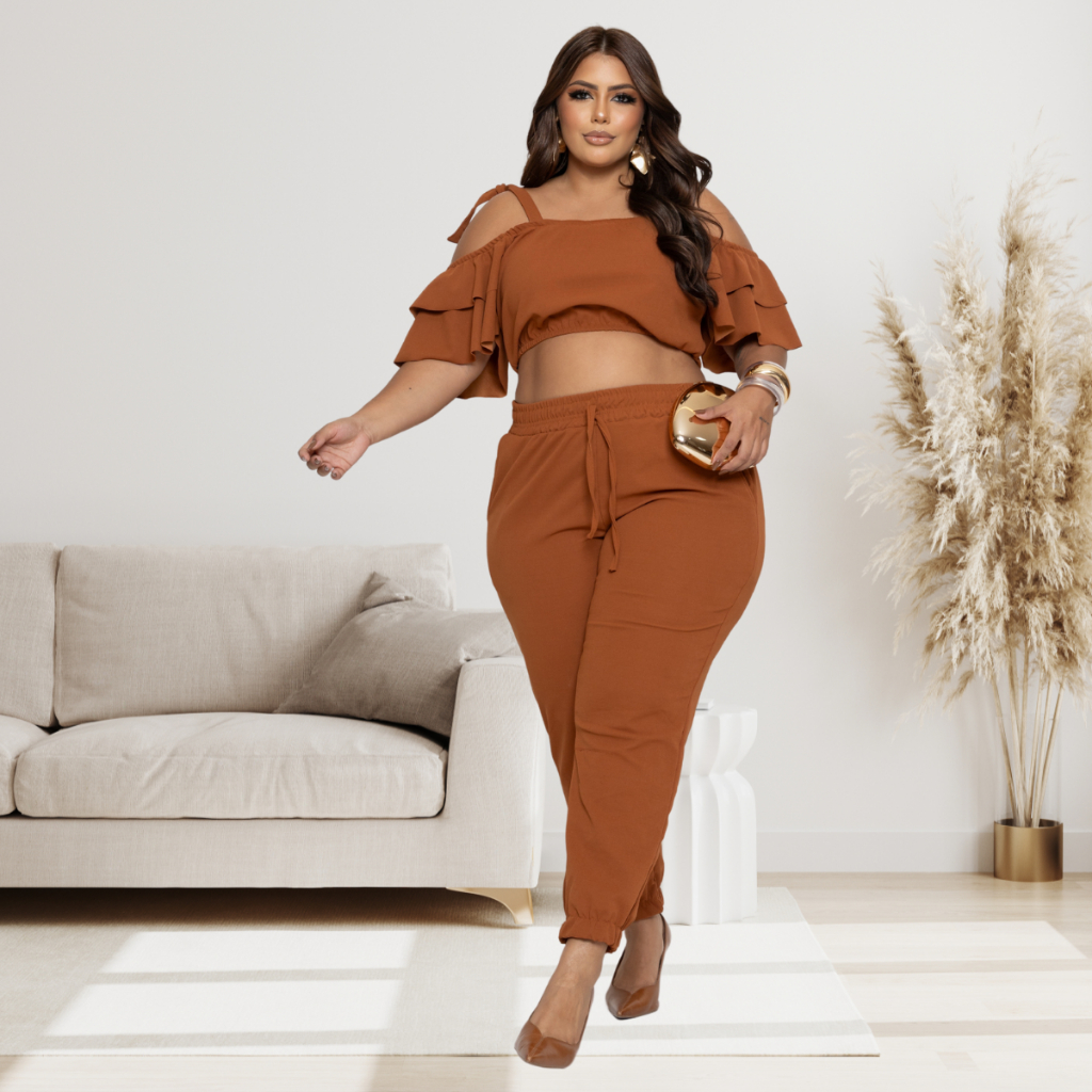 Conjunto Plus Size Calça Soltinho Confortável Feminino Moderno Elegante Festa Natal Primavera Verão luxo