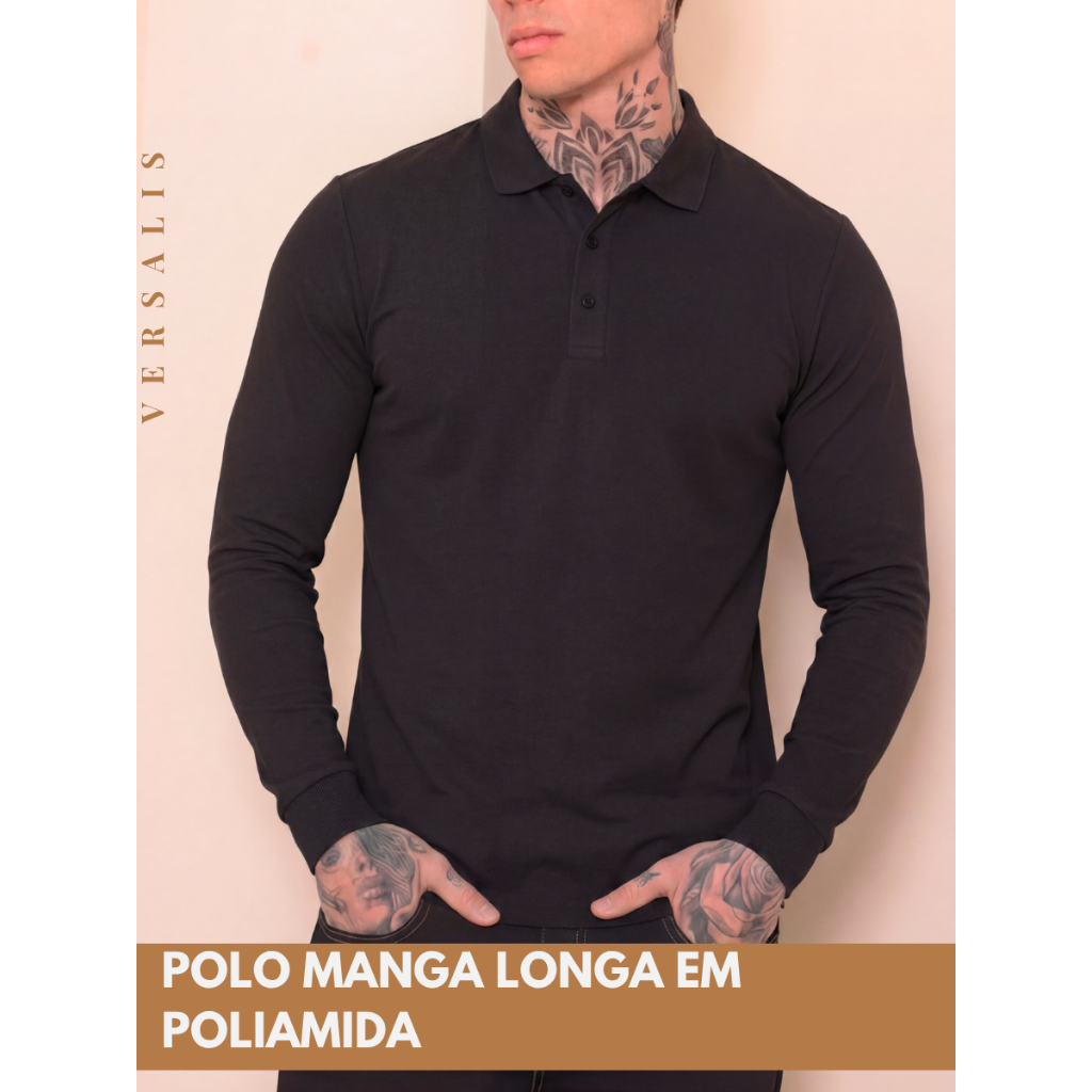 Polo Masculina Manga Longa Slim Fit Poliamida Premium Confortável Elegante Casual Inverno Gola Social