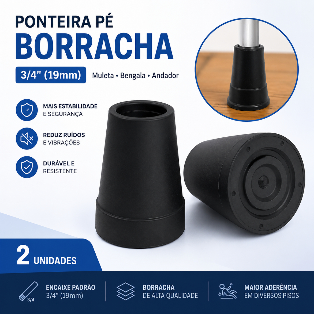 Ponteira Pé Borracha 3/4" (19mm) Muleta Canadense Bengala Andador 2 Unidades