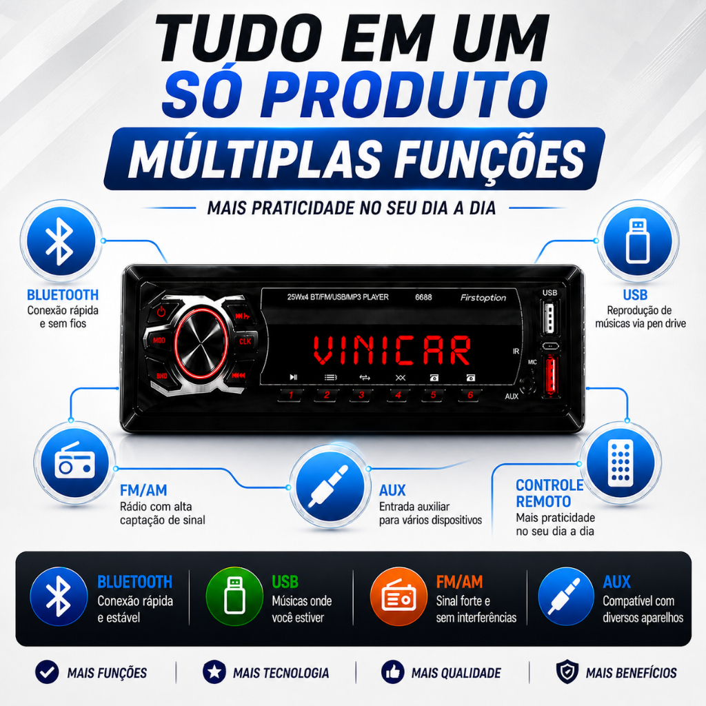 Auto Radio First Option  Blue Usb Sd Preto 25w