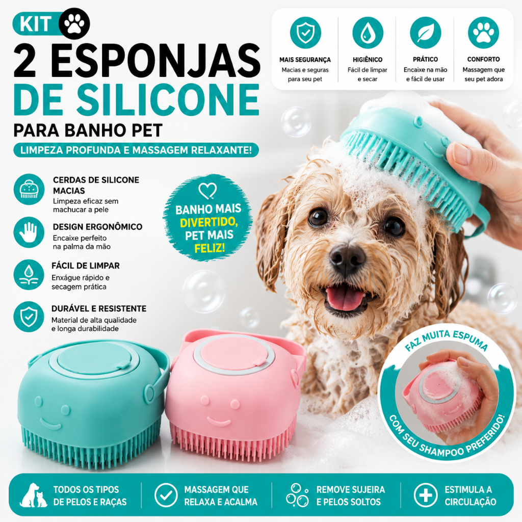 Kit 2 Esponjas de Silicone para Banho Pet com Dispenser de Shampoo | Higiene e Massagem
