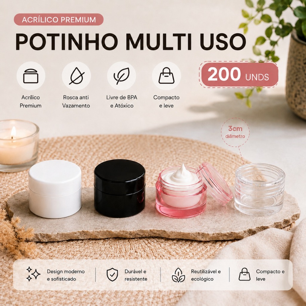 200 Potes De Acrílico 4g c/ Tampa tipo rosca - para Brindes , amostras e Lembrancinhas