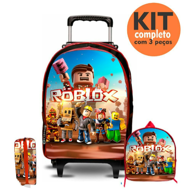 KIT Mochila Escolar Infantil Roblox Menino de rodinhas com lancheira - Reforçada