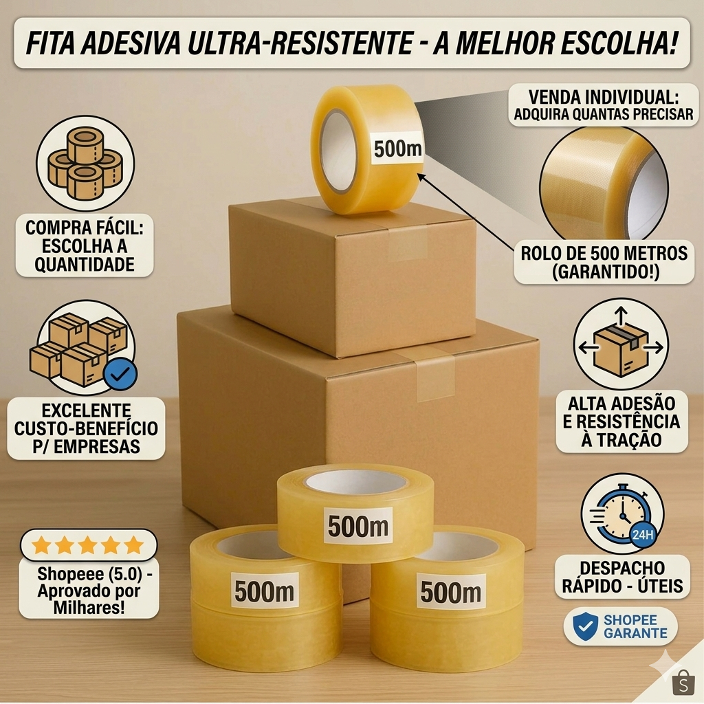 Fita Adesiva Larga 500 Metros Transparente Grossa para Caixa De Papelão E-commerce Mudança de 45mm