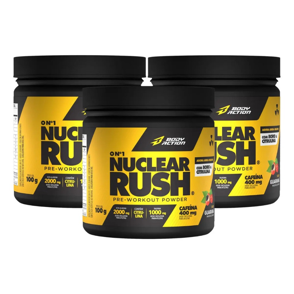 Kit 3x Nuclear Rush 100g Bodyaction Pré Treino Cafeína Energia Foco Força Resistência Desempenho