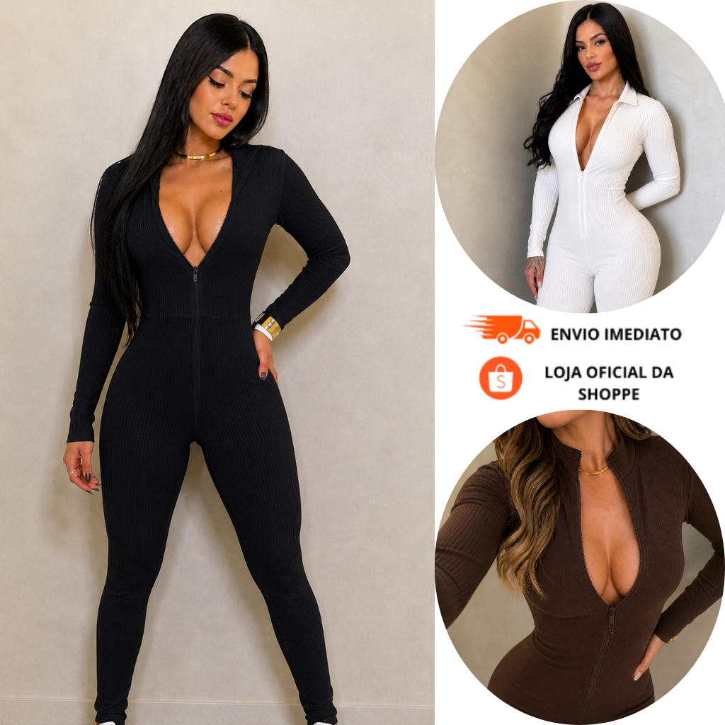 Macacão Feminino Longo Canelado  Premium Ziper Frontal Virginia Moda Gringa Casual Fitness