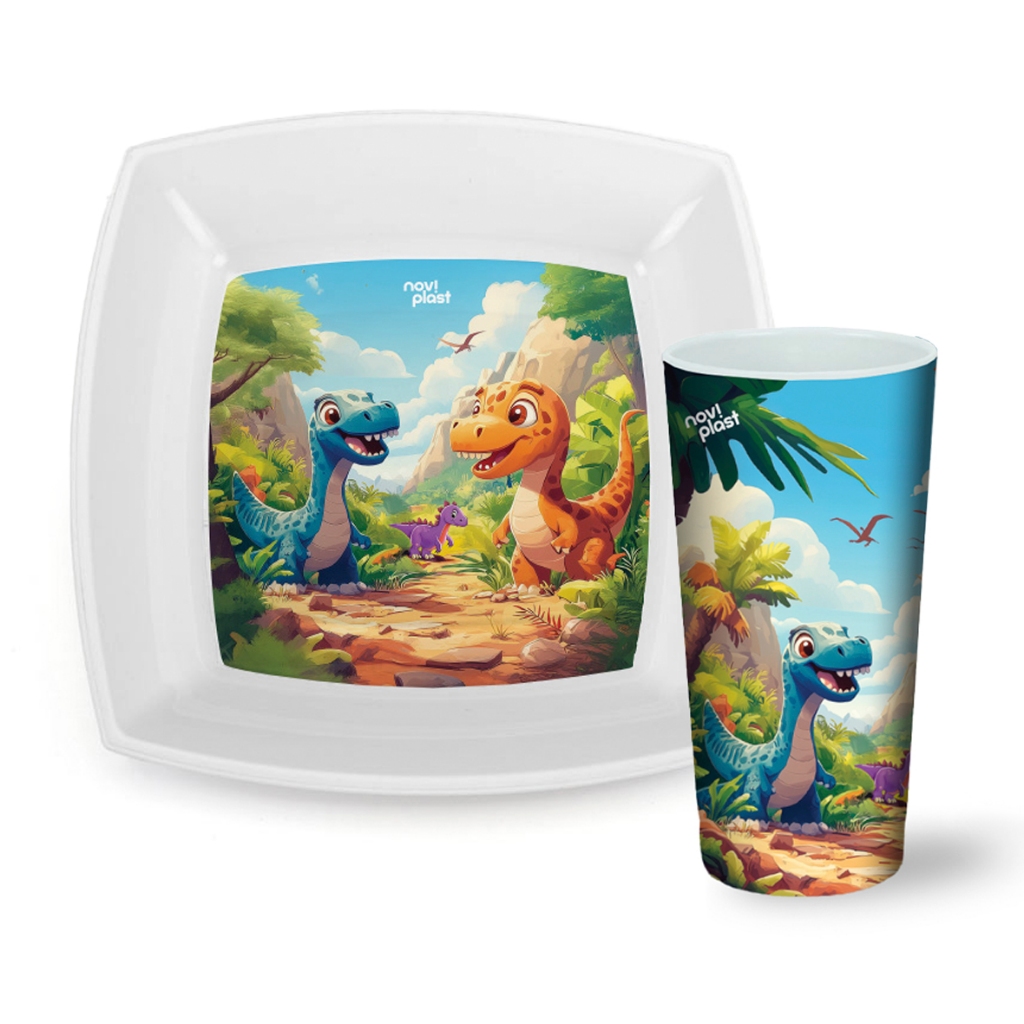Kit Lanche Infantil Dinossauro Baby Colorido 2 Peças Prato Copo