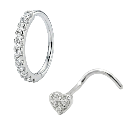 Kit 2 Piercings Nariz Nostril Prata 925 Legitima - Coração Cravejado e Argola Cravejada - Feminino