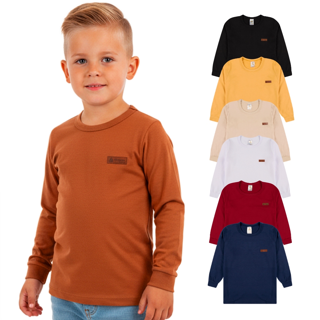 Kit 1, 3 ou 5 Camisetas Manga Longa Infantil Menino Básica Lisa Manga Comprida Infantil