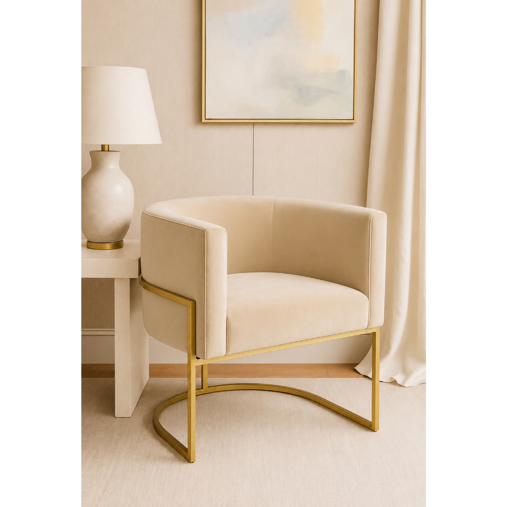 Poltrona Luna Luxo - Suede Bege e Base Dourada. Sala, Salão, Escritorio e Sala de Jantar