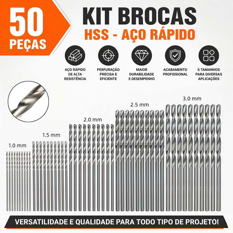 Kit 50 Brocas Aço Rápido HSS 1mm a 3mm Para Metal Madeira e Plástico