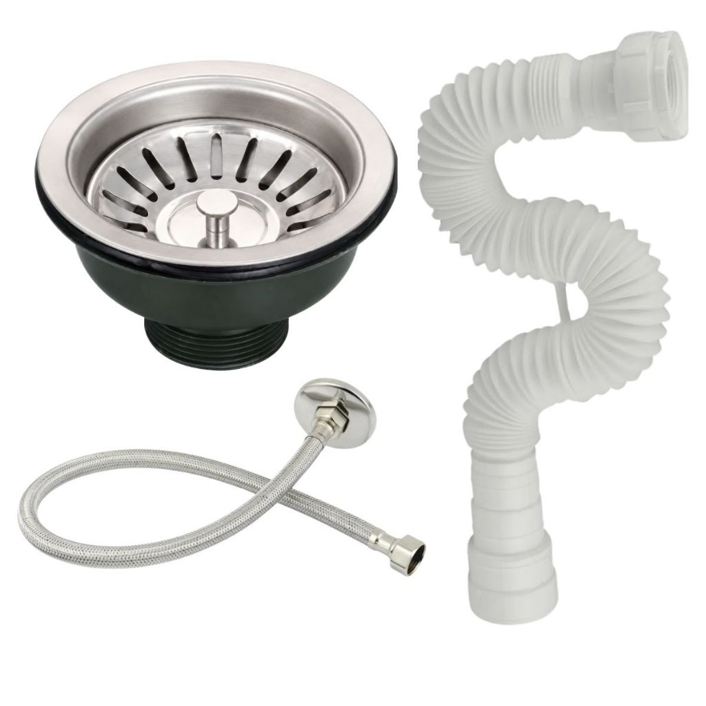 Válvula Pia Cozinha Americana + Sifão Universal Branco 70cm + Engate Flexível 40cm com Nipe
