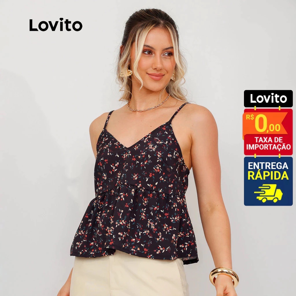 Lovito Blusa Feminina Bata Basica Alças Finas Estampa Mini Flores Elegante BRTKB1390BRL1420