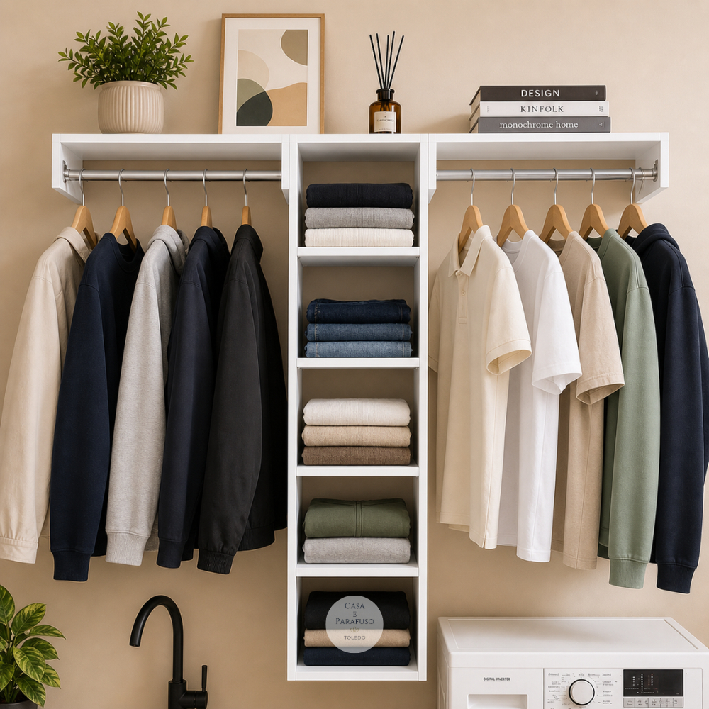 Arara Suspensa de Parede Closet Aberto com Cabideiro Organizador de Roupas- 89