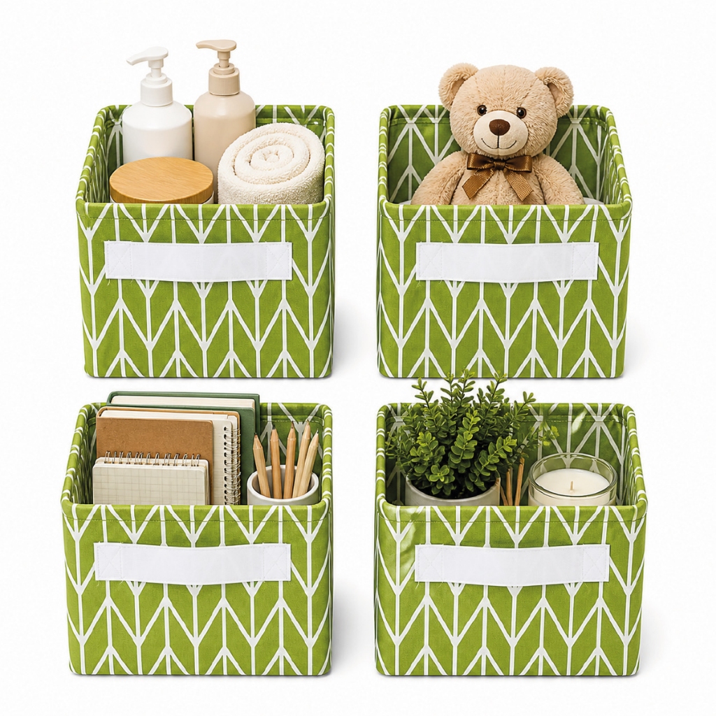 Kit 4 un Cesto Organizador Dobrável Linho Multiuso Para Roupas Brinquedos Nicho Decorativo | VERDE