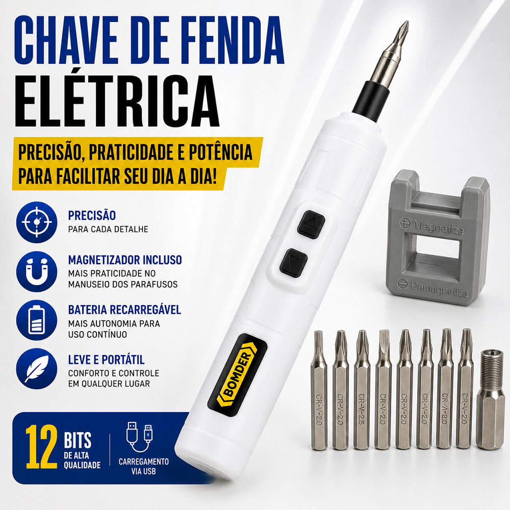 Chave de Fenda Elétrica Parafusadeira Recarregavel Sem Fio USB Leve e Portatil Kit com 12 Bits