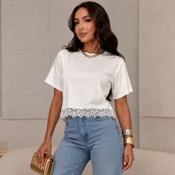 Crooped Com Renda, Camiseta Estilosa Elegante Blusa Feminina Com Manga São Paulo