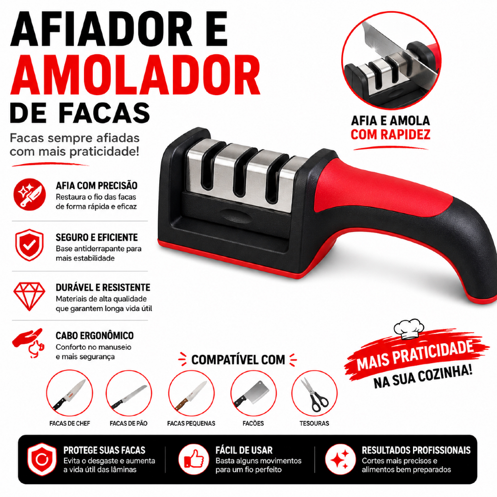 Afiador e Amolador de Facas Manual 3 Níveis Diamante Profissional Cozinha Base Segura