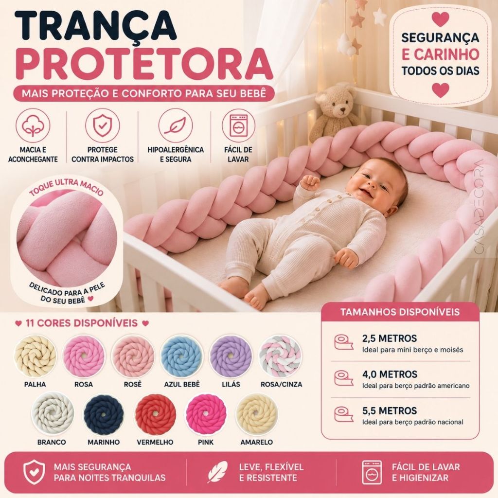 Protetor de Berço Trança Protetora Cama Bebê Lisa Americano Macia Confortável Diversos Tamanhos Cor