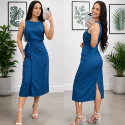 Vestido Feminino Alfaiataria Mídi com Amarração Lateral P,M,G,GG